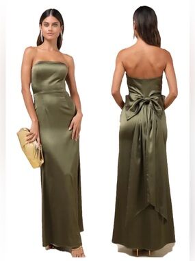 Lulus Absolutely Poised Olive Green Satin Strapless Bow Maxi Dress